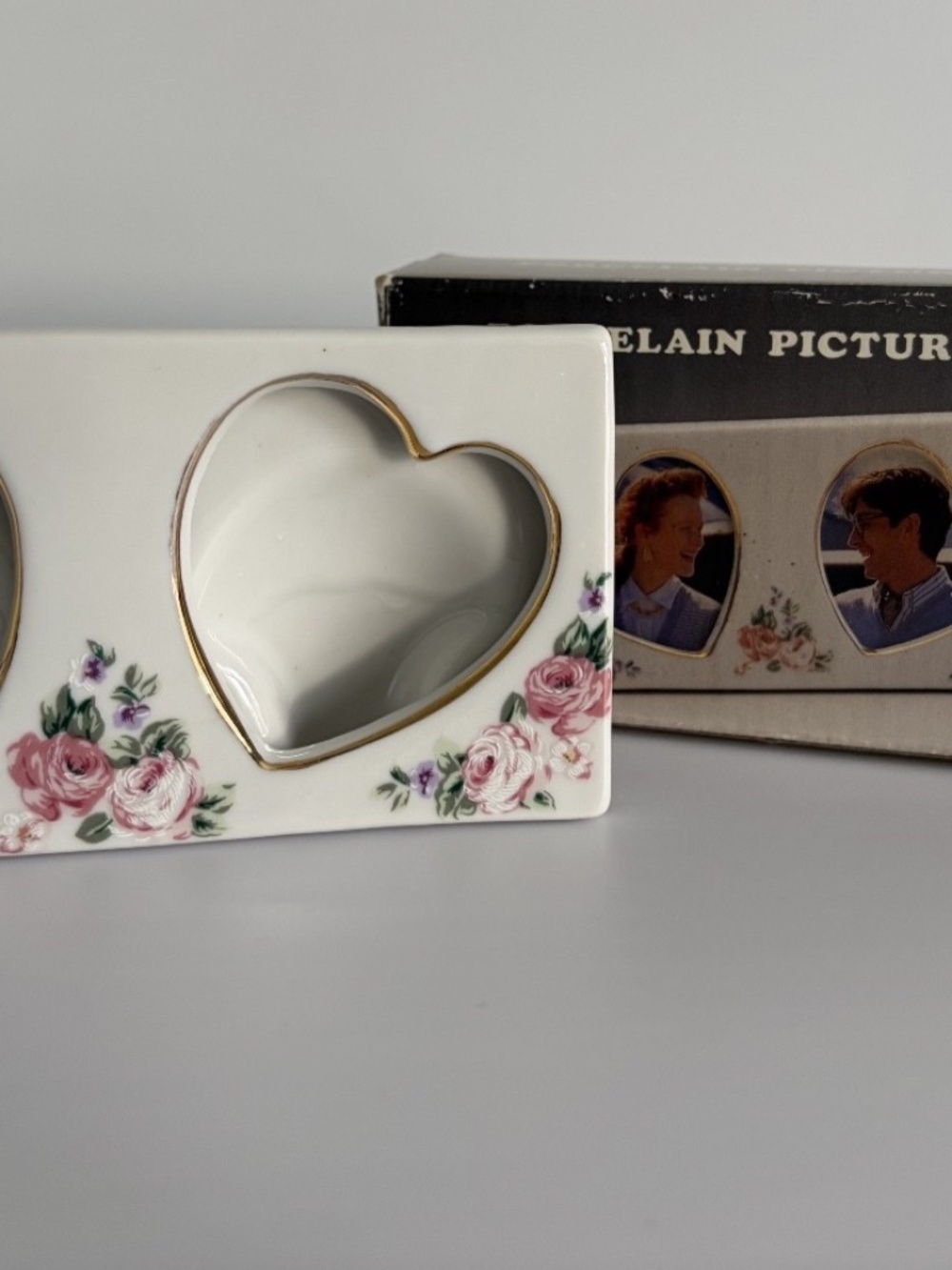 VTG Porcelain Double Hearts Mini Picture Frame Floral Open Box Romantic Decor